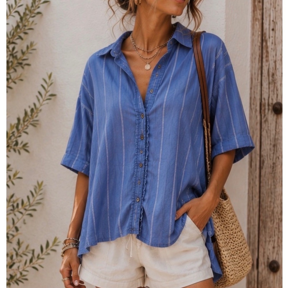 Free People We The Free Seaside Cotton Stripe Shirt Button Down Blue Top - Large